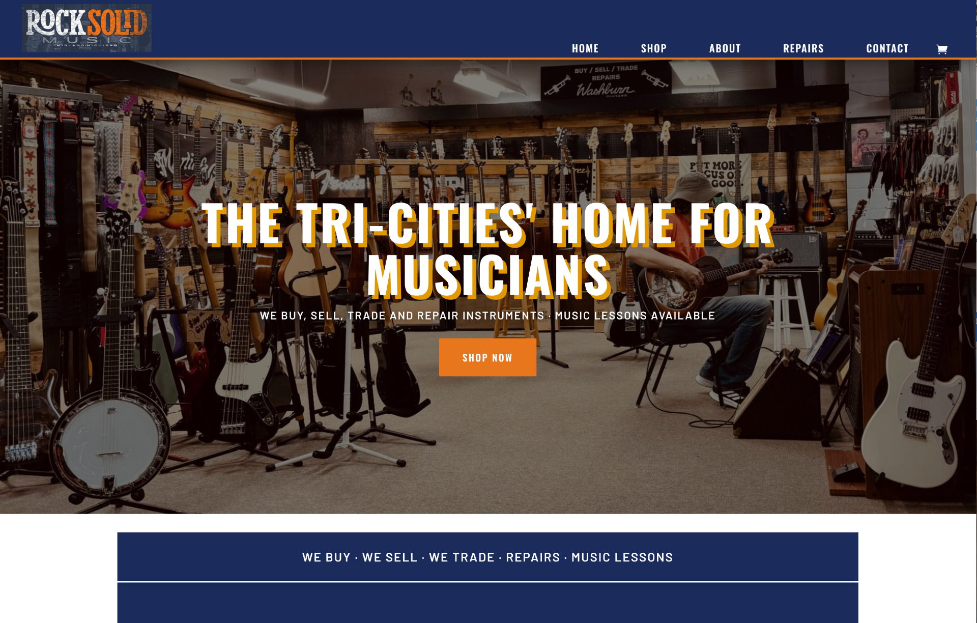 Rock Solid Music storefront homepage, navy header with logo and navigation, full-width photo of the guitar shop interior with the headline 'The Tri-Cities' Home for Musicians' and a Shop Now call to action.