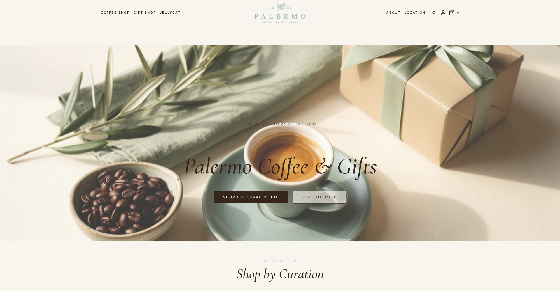 Palermo Coffee & Gifts homepage with an espresso cup, coffee beans and a wrapped gift beneath the Palermo Coffee & Gifts headline.