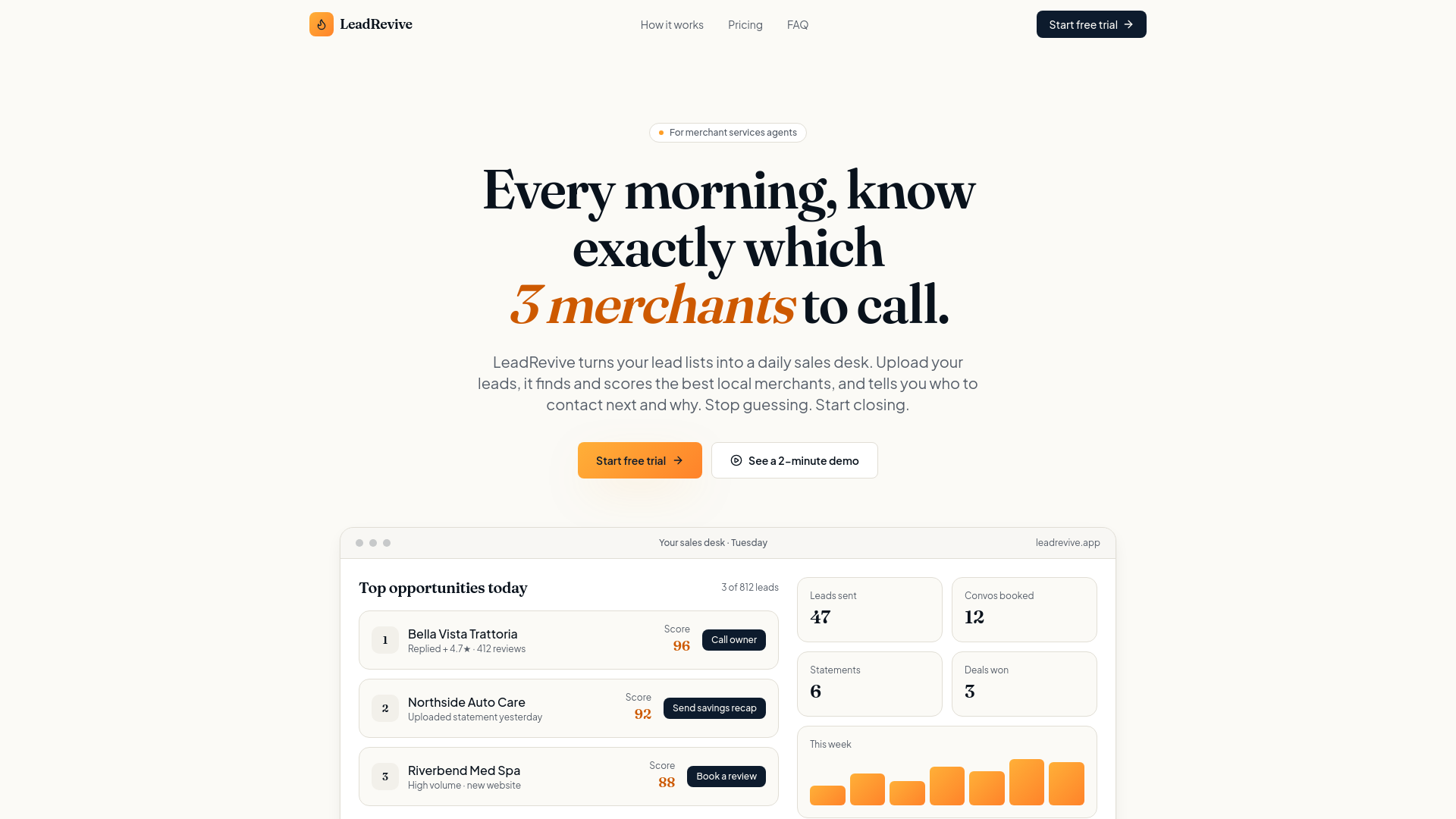Quota Caddy daily sales coach: sales page with scored merchant dashboard
